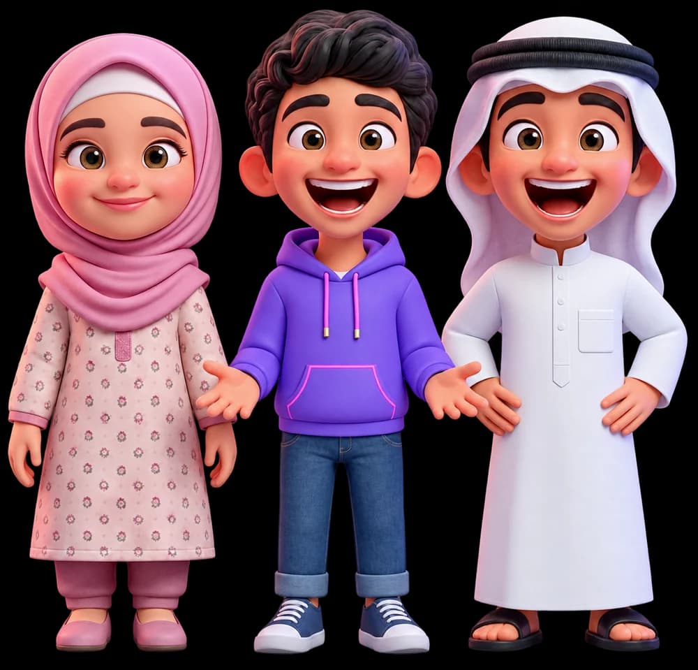شخصيات تحدّي المجلس الثلاثة: فتاة ترتدي حجابًا ورديًا وشابان مبتسمان